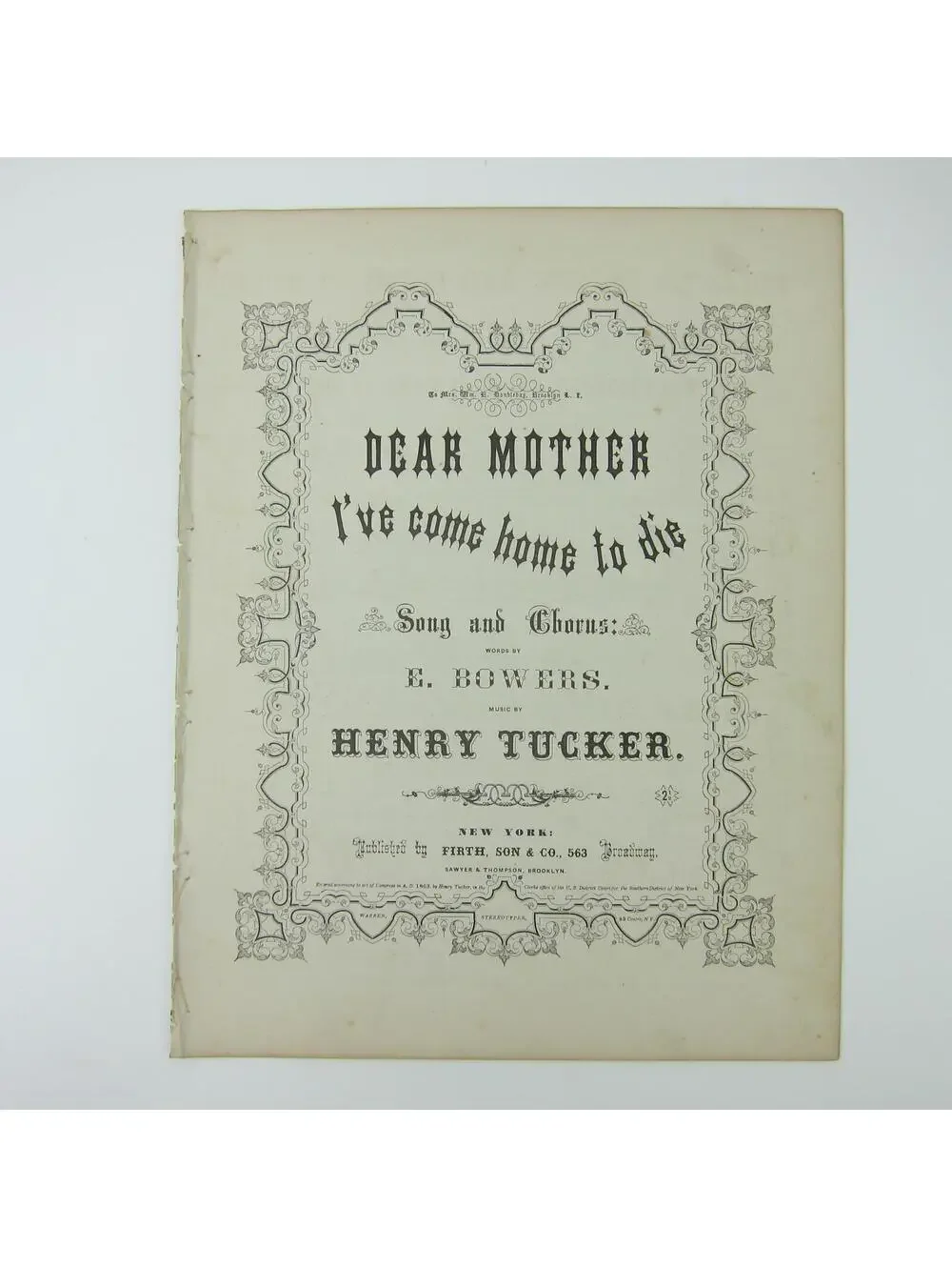 Sheet Music Civil War Dear Mother I've Come Home To Die Tucker Antique 1863